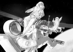  1girl 2boys astronaut cid_highwind commentary_request double_v final_fantasy final_fantasy_vii floating full_body greyscale headband helmet highres long_hair looking_at_another looking_at_viewer monochrome multiple_boys parted_lips planet short_hair space space_helmet space_station spacesuit tangxhzhyf v vincent_valentine yuffie_kisaragi 
