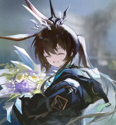  1girl amiya_(arknights) amiya_(medic)_(arknights) animal_ears arknights black_jacket blue_choker bouquet brown_hair choker civilight_eterna_(arknights) closed_eyes coat collar dress floating_headgear flower headgear highres holding holding_bouquet hood hood_down hooded_jacket jacket jewelry long_hair long_sidelocks long_sleeves open_mouth ponytail rabbit_ears ring sidelocks siguma_(13238772100) smile very_long_hair very_long_sidelocks 