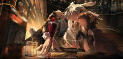 2girls absurdres bar_(place) bottle brown_hair cherry closed_eyes cocktail cocktail_glass commentary_request cup drinking_glass food fruit highres horns looking_at_another multiple_girls original rabbit_tail shelf sitting tail twitter_username white_hair wine_bottle yorururu