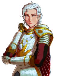  1girl armor breastplate expressionless for_honor full_armor gloves hand_on_own_elbow highres lebeauviolette lipstick looking_at_viewer makeup mole original pink_eyes short_hair shoulder_armor simple_background upper_body warmonger_(for_honor) white_background white_hair 