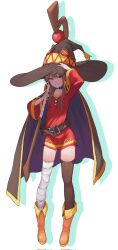  1girl bandaged_leg bandages belt breasts brown_belt brown_cape brown_hair brown_hat cape commentary eh99 grin hat highres holding holding_staff kono_subarashii_sekai_ni_shukufuku_wo! long_sleeves looking_at_viewer megumin off_shoulder red_eyes red_robe robe simple_background small_breasts smile solo staff untranslatable_commentary white_background 