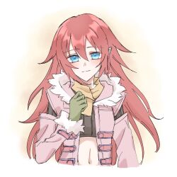  1girl anko_umaaai blue_eyes coat commentary_request crop_top fur-trimmed_coat fur_trim gloves green_gloves highres long_hair midriff navel orange_scarf pink_coat pointy_ears red_hair rune_factory rune_factory_3 scarf solo toona 