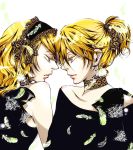  blonde_hair blue_eyes brother_and_sister hairband highres kagamine_len kagamine_rin magnet_(vocaloid) ponytail short_hair siblings simple_background twins uico vocaloid 