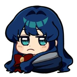  1girl animated animated_gif astrae_oratio blue_eyes blue_hair blush frown fujiwara_riria hair_intakes long_hair long_sidelocks looking_at_viewer lowres official_art puffy_cheeks red_ribbon ribbon second-party_source sidelocks simple_background solo squiggle white_background 