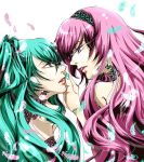  aqua_eyes aqua_hair blue_eyes butterfly_wings earrings feathers hairband hatsune_miku highres jewelry lace long_hair magnet_(vocaloid) megurine_luka multiple_girls nail_polish pink_hair twintails uico vocaloid wings yuri 