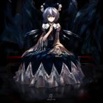  blue_eyes blue_hair bow cave cirno dark dress frilled_dress frills hair_bow ice jq lace seat short_hair touhou wings 