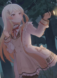 1girl absurdres ahoge blonde_hair brown_dress brown_thighhighs clenched_hand closed_mouth commentary_request dress flashlight forest hair_ornament highres holding holding_flashlight hololive hololive_dev_is jacket long_hair long_sleeves musical_note musical_note_hair_ornament nature neck_ribbon night otonose_kanade otonose_kanade_(1st_costume) outdoors piano_print red_eyes red_ribbon ribbon side_ponytail sweatdrop thigh-highs tree virtual_youtuber white_jacket yukihata_syu3 