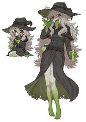  1girl absurdres artist_name barefoot belt black_coat black_hat chibi chibi_inset coat colored_skin colored_tongue commentary feet frog_girl green_skin green_tongue grey_hair grey_skin hair_between_eyes hat highres holding holding_vial horizontal_pupils long_hair long_tongue looking_at_viewer monster_girl open_mouth orange_eyes original potion remy_(seihai) simple_background sparrowl toes tongue tongue_out untranslatable_commentary very_long_hair vial white_background witch witch_hat 