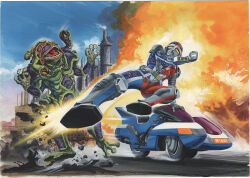  2boys armor armored_bodysuit belt blue_armor choujinki_metalder clenched_hand day explosion flying_kick grey_belt hedogross kicking male_focus metal_hero metalder monster motor_vehicle motorcycle multicolored_armor multiple_boys official_art okazaki_toshio outdoors painting_(medium) red_armor red_eyes side_phantom_(choujinki_metalder) sidecar third-party_source tokusatsu traditional_media yellow_eyes 