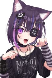  1girl absurdres animal_ear_fluff animal_ears arm_warmers black_choker black_shirt bow cat_ears cat_girl chain chain_necklace character_print choker commentary_request cross cross_hair_ornament eyepatch fingernails frilled_eyepatch frills hair_between_eyes hair_bow hair_ornament hairclip hands_up heart heart_hair_ornament highres jewelry kiaoekakishitai looking_at_viewer multicolored_hair narin_mikure narin_mikure_(2nd_costume) necklace open_mouth parallel_hairclips paw_pose pink_streaks print_shirt purple_hair purple_nails shirt short_hair short_sleeves simple_background solo streaked_hair striped_arm_warmers upper_body violet_eyes virtual_youtuber vspo! vspo!_en white_background x_hair_ornament 