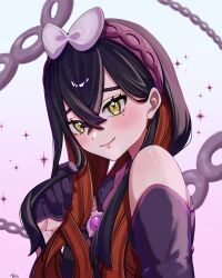  0393_piplup 1girl bare_shoulders black_hair blush carmine_(pokemon) carmine_(sygna_suit)_(pokemon) closed_mouth colored_inner_hair commentary_request crossed_bangs detached_sleeves gloves hair_between_eyes hairband highres japanese_clothes kimono long_hair long_sleeves mole mole_under_eye multicolored_hair official_alternate_costume pink_hairband pokemon pokemon_masters_ex purple_gloves purple_hairband red_hair smile two-tone_hair upper_body yellow_eyes 