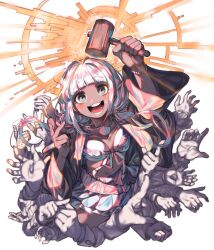  1girl antenna_hair arm_up bow bra commentary_request danganronpa_(series) dark-skinned_female dark_skin dress grey_eyes hammer holding jewelry korean_commentary looking_at_viewer necklace open_mouth skirt smile solo_focus straight-on teeth underwear white_hair wide_sleeves yonaga_angie zongil_salryeo 
