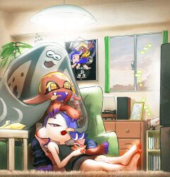  2girls big_man_(splatoon) blonde_hair blue_hair chips_(food) colored_eyelashes colored_fingertips commentary_request couch couldoh dark-skinned_female dark_skin eating fangs feeding food frye_(splatoon) gradient_hair hair_over_one_eye highres indoors inkling lying multicolored_hair multiple_girls octoling on_back on_floor open_mouth pointy_ears potato_chips red_eyes shiver_(splatoon) splatoon_(series) splatoon_3 television tentacle_hair watching_television yellow_eyes 