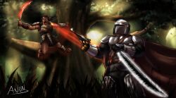  2boys alien anonthemarten armor assault_visor battle black_assault_visor broken_tooth carapace colored_skin darksaber death_battle dek_(predator) din_djarin dreadlocks dual_wielding energy_sword fighting fingernails forest gauntlets gloves glowing glowing_sword glowing_weapon gun helmet highres holding holding_gun holding_weapon jaw knolling lightsaber loincloth male_focus mandalorian mandalorian_armor mandalorian_helmet mandibles multiple_boys nature nested_mouths open_mouth pauldrons predator:_badlands predator_(series) science_fiction sharp_fingernails shoulder_armor star_wars sword the_mandalorian thigh_armor tree weapon wrist_blades yellow_eyes 