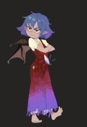  1girl alternate_costume barefoot bat_wings black_background blue_hair chinese_commentary closed_mouth commentary_request dress frown grmarsa highres jewelry missing_headwear necklace pendant pinafore_dress pointy_ears puffy_short_sleeves puffy_sleeves purple_dress red_dress red_eyes remilia_scarlet shirt short_sleeves simple_background sleeveless sleeveless_dress solo toes touhou two-tone_dress white_shirt wings 