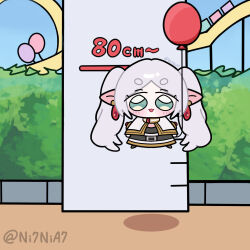  1girl amusement_park balloon blush_stickers bush chibi chibi_only commentary day earrings elf english_commentary floating frieren grey_hair happy height_chart highres holding holding_balloon jewelry long_hair looking_at_viewer ni7nia7 outdoors pointy_ears roller_coaster solo sousou_no_frieren standing twintails twitter_username variant_set 