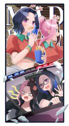  2girls :d anger_vein black-framed_eyewear black_hair black_jacket black_shirt blue_eyes blue_hair breasts brick_wall brown_hair car collared_shirt driving eating fang food forehead french_fries glasses grey_skirt highres hot_kakigoori indoors jacket madtown_gta medium_breasts midriff motor_vehicle multicolored_hair multiple_girls navel parted_bangs pink_hair pleated_skirt police_car polo_shirt ponytail profile puffy_short_sleeves puffy_sleeves red_shirt seatbelt shirt short_sleeves skirt smile star_(symbol) tachibana_hinano two-tone_hair v-shaped_eyebrows violet_eyes virtual_youtuber vspo! 
