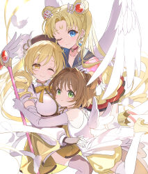 3girls absurdres bishoujo_senshi_sailor_moon black_gloves black_hat black_thighhighs blonde_hair bloomers blue_sailor_collar brown_hair cardcaptor_sakura closed_mouth commentary_request crossover double_bun dress drill_hair earrings elbow_gloves eternal_sailor_moon feathered_wings feathers fingerless_gloves genre_connection gloves green_eyes hair_bun hat highres hoshii_hisa jewelry kinomoto_sakura kinomoto_sakura_(miraculous_sakura) korean_commentary long_hair looking_at_viewer magical_girl mahou_shoujo_madoka_magica mahou_shoujo_madoka_magica_(anime) multiple_girls one_eye_closed sailor_collar sailor_moon simple_background skirt smile star_(symbol) star_earrings striped_clothes striped_thighhighs thighhighs tomoe_mami tomoe_mami_(magical_girl) tsukino_usagi vertical-striped_clothes vertical-striped_thighhighs white_background white_dress white_gloves white_thighhighs white_wings wings yellow_bloomers yellow_skirt