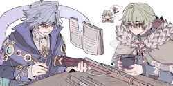  2boys ahoge alyosha_(genshin_impact) ascot black_jacket black_shirt blue_gem blue_hair blue_jacket blue_scarf book cape closed_mouth coffee collared_jacket collared_shirt commentary cup earmuffs empty_eyes english_commentary fingernails freckles fur-trimmed_cape fur_trim gem genshin_impact green_hair grey_cape gun hair_between_eyes half-closed_eyes hands_up high_collar highres holding holding_book holding_cup holding_screwdriver hood hooded_cape jacket jewelry long_sleeves looking_at_another looking_up male_focus mitya_(genshin_impact) multiple_boys open_book orange_gem pendant purple_jacket remonucha rifle scarf screwdriver shirt short_hair simple_background sitting smile sniper_rifle speech_bubble spoken_object steam table thought_bubble tongue tongue_out tools turtleneck turtleneck_shirt two-sided_fabric two-sided_jacket upper_body violet_eyes wavy_hair weapon white_ascot white_background white_shirt wooden_table yellow_eyes 