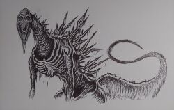  1boy bloodbath_godzilla_(character) bloodbath_godzilla_(copyright) commentary crazy_eyes crazy_grin crazy_smile eldritch_abomination emaciated english_commentary evil_grin evil_smile giant giant_monster graphite_(medium) greyscale grin highres horror_(theme) jaw kaiju kurokamisan6 long_tongue looking_at_viewer monochrome monster no_humans open_mouth sharp_teeth skinny smile solo spines staring tail teeth tongue traditional_media white_background 