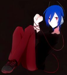  1boy black_background black_shirt black_shoes blue_hair bound bound_wrists devil_survivor_(series) devil_survivor_1 full_body headphones looking_at_viewer medetai megami_tensei pants protagonist_(devil_survivor) red_eyes red_pants shirt shoes short_hair simple_background solo 