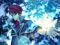  1boy black_cape black_necktie blue_eyes blurry bokeh bug butterfly cape coat commentary_request depth_of_field dress_shirt glowing_butterfly happy_birthday looking_at_viewer natsumi_kei necktie ocean outstretched_hand red_hair red_shirt shirt smile sparkle umineko_no_naku_koro_ni ushiromiya_battler white_coat yellow_butterfly 