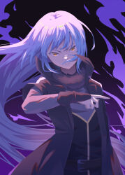  1other androgynous belt black_belt black_coat black_gloves black_shirt blue_hair closed_mouth coat commentary_request fur-trimmed_collar fur_trim gloves highres long_hair reveen rimuru_tempest shirt solo tensei_shitara_slime_datta_ken yellow_eyes 