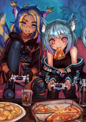  2girls absurdres among_us animal_ear_fluff animal_ear_piercing animal_ears ankle_boots bandaid bandaid_on_face bandaid_on_nose bare_shoulders belt black_boots black_jacket black_shirt black_shorts black_thighhighs blonde_streaks blue_eyes blue_hair boots bottle cat_ears cat_girl cat_tail character_request choker cola colored_tips commentary_request commission controller couch crewmate_(among_us) cup drinking_glass drinking_straw dualshock eating fish_skeleton_hair_ornament food food_in_mouth game_controller hair_ornament halter_shirt halterneck heart heart-shaped_pupils highres holding holding_controller holding_game_controller indie_virtual_youtuber jacket jacket_partially_removed knee_up leaning_forward long_sleeves moggiijunkit mouth_hold multicolored_hair multiple_girls on_couch pink_belt pink_eyes pizza pizza_box playing_games playing_video_games playstation_controller red_choker sabamiso_taro shirt short_hair shorts sitting skeb_commission sleeveless sleeveless_shirt soda_bottle streaked_hair studded_choker studs symbol-shaped_pupils tail thigh-highs torn_clothes torn_thighhighs 