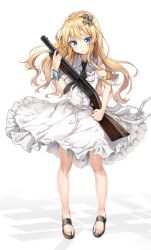 1girl bare_shoulders blonde_hair blue_eyes commentary_request dress expressionless full_body gun hair_ornament highres kisaragi_alice long_hair looking_at_viewer pump_action remington_870 sandals sayuuiede sentouin_hakenshimasu! shotgun sidelocks simple_background solo weapon white_background white_dress 