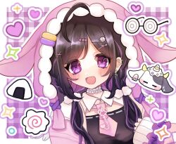  1girl :d ahoge animal black_hair black_shirt blush border commentary cow film_grain food gingham_background hair_ornament hand_up heart highres hood hood_up hooded_jacket jacket kamaboko long_hair long_sleeves multicolored_hair narutomaki necktie nijisanji onigiri open_clothes open_jacket open_mouth outside_border pink_jacket pink_necktie pom_pom_(clothes) pom_pom_hair_ornament purple_background purple_streaks shirt short_necktie sleeves_past_wrists smile solo sparkle streaked_hair untranslatable_commentary upper_body violet_eyes virtual_youtuber wayu_(8o9ux7) white_border yagyu_shino 
