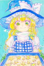  1girl baking_sheet blonde_hair blue_hat blue_vest bow braid closed_mouth commentary_request cookie food hair_bow hat hat_bow highres holding holding_tray kirisame_marisa long_hair oven_mitts puffy_short_sleeves puffy_sleeves short_sleeves side_braid single_braid smile solo star-shaped_cookie star-shaped_food star_(symbol) touhou traditional_media tray vest white_bow witch_hat yellow_eyes yuzuari4649 
