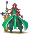  braid chankodining_waka china_dress chinese_clothes gourd green_eyes hand_on_hip hat highres hong_meiling huge_weapon ibuki_suika long_hair planted_sword planted_weapon red_hair redhead solo sword touhou twin_braids weapon 