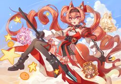  4girls :d ahoge angelina_(arknights) angelina_the_mellow_wish_(arknights) animal_ear_fluff animal_ears arknights black_boots black_collar black_gloves black_hairband black_thighhighs boots brown_hair chibi chinese_commentary clouds collar commentary_request detached_sleeves dress fox_ears fox_girl full_body gloves hair_between_eyes hairband highres holding holding_staff infection_monitor_(arknights) jacinta_(arknights) long_hair long_sleeves looking_at_viewer multicolored_hairband multiple_girls open_mouth outdoors pink_hair rabbit_ears rabbit_girl raccoon_ears raccoon_girl sitting sky smile staff staff_riding thigh-highs thumpy_(arknights) timeslot_(arknights) twintails two-tone_hairband very_long_hair white_dress xiaodou_waimai 