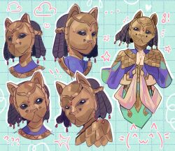  ! !! 1girl ? ?? black_hair blue_capelet capelet cat_mask commentary cropped_torso dress emoticon english_commentary fire_emblem fuj0ker green_dress grid_background hair_ornament head_tilt heart highres interlocked_fingers kaomoji mask multiple_views musical_note notice_lines orchel_(fire_emblem) own_hands_clasped own_hands_together portrait star_(symbol) tassel tassel_hair_ornament turning_head upper_body 