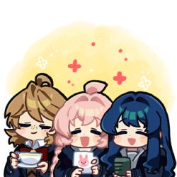  3girls ahoge animated animated_gif anna_m._battenberg astrae_oratio blue_hair blush_stickers braid brown_hair closed_eyes closed_mouth cup freckles fujiwara_riria hair_between_eyes hair_intakes holding holding_cup holding_saucer long_hair long_sidelocks lowres medium_hair multiple_girls official_art open_mouth pink_hair saucer second-party_source sidelocks steam tanaka_erin teacup twin_braids two-tone_background white_background yellow_background yunomi 