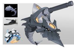  armor artillery battleship cannon commentary_request fakemon glowing glowing_eyes headgear locomotive mask metal_mask military_vehicle no_humans pokemon pokemon_(creature) pokemon_focus reference_inset ship ship_turret sido_(slipknot) snake spiked_armor spiked_tail spikes steelix tail warship watercraft weapon 