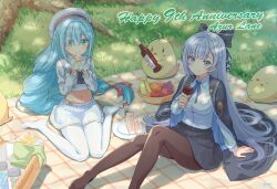  2girls absurdres alcohol apple argus_(azur_lane) azur_lane banana black_bow black_skirt bottle bow breasts brown_pantyhose cake cake_slice collared_shirt commentary_request cup drinking_glass english_text feet_out_of_frame food fruit grapes green_eyes hair_bow hat highres holding holding_bottle holding_cup janus_(azur_lane) large_breasts long_hair manjuu_(azur_lane) midriff miniskirt multiple_girls navel outdoors pantyhose picnic picnic_basket pleated_skirt red_wine school_uniform shirt sitting skirt very_long_hair white_hat white_pantyhose white_shirt wine wine_bottle wine_glass yuki_shizuku 