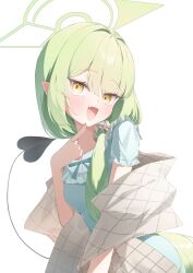  1girl absurdres black_tail blue_archive blue_nightgown blue_ribbon blush brown_scrunchie commentary_request demon_tail dot_nose fang finger_to_own_chin frilled_nightgown green_hair green_halo grid_shawl hair_between_eyes halo happy head_tilt highres ixia559 long_hair looking_at_viewer low_side_ponytail nightgown nozomi_(blue_archive) nozomi_(kujibikido)_(blue_archive) official_alternate_costume open_mouth pointy_ears ribbon scrunchie side_ponytail simple_background skin_fang solo standing tail upper_body very_long_hair white_background yellow_eyes 
