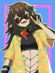  1girl absurdres beastiez black_shirt brown_hair colored_sclera crocodile_girl fangs green_streaks hair_between_eyes hawaiian_shirt highres kairyu_crocodile long_hair looking_at_viewer multicolored_hair pointy_ears red_eyes shirt simple_background solo streaked_hair sunglasses virtual_youtuber xarakura_xara yellow_sclera yellow_shirt 