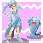  1girl bare_shoulders bike_shorts blue_hair costume lowres moemon personification pokemon pokemon_(creature) pokemon_(game) pokemon_gsc ponytail salute sexual_dimorphism tail tenjou_ryuka wobbuffet 