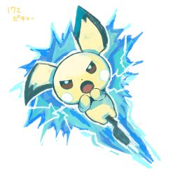  absurdres character_name commentary_request dido_(di_do_di_do) electricity glowing highres midair mouse_(animal) no_humans open_mouth pichu pokedex_number pokemon pokemon_(creature) pokemon_focus white_background 