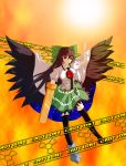  black_hair black_thighhighs bow breasts cape fire hair_bow large_breasts long_hair red_eyes reiuji_utsuho solo thigh-highs touhou wings yusac zettai_ryouiki 