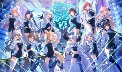  6+girls ahoge animal_ears asymmetrical_legwear black_gloves black_hair black_pantyhose brown_hair closed_mouth commentary_request detached_sleeves dress envanishmentor fox_ears fox_girl gloves green_eyes grey_hair hair_between_eyes hakui_koyori hand_on_own_hip high_heels highres hololive hololive_dev_is hololive_english horns ichijou_ririka isaki_riona jacket koseki_bijou la+_darknesss long_hair long_sleeves looking_at_viewer looking_to_the_side mori_calliope multicolored_gloves multiple_girls natsuiro_matsuri nerissa_ravencroft ninomae_ina'nis offering_hand official_art omaru_polka one_eye_closed oozora_subaru open_mouth pantyhose pink_hair reaching reaching_towards_viewer red_eyes shirakami_fubuki shirt shoes side_ponytail skirt smile standing thigh-highs two-sided_gloves two-tone_gloves uneven_legwear very_long_hair white_gloves white_hair white_shoes white_thighhighs wolf_ears wolf_girl 