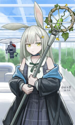  1girl absurdres animal_ears arknights artist_name bang_dream! bang_dream!_it's_mygo!!!!! bare_shoulders black_choker black_jacket blue_dress choker commentary_request dress drone expressionless flower_hairclip green_hair green_ribbon greenhouse highres holding holding_staff hood hood_down hooded_jacket infection_monitor_(arknights) jacket long_hair mortis_(bang_dream!) mortis_(persona)_(bang_dream!) open_clothes open_jacket plaid_clothes plaid_dress plant rabbit_ears rabbit_girl rhodes_island_uniform ribbon solo staff wakaba_mutsumi wakaba_mutsumi_(cautus) yellow_eyes yitai_zhi_meng 