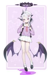  1girl absurdres ahoge bag black_choker black_halo black_horns blue_archive blush choker closed_mouth commentary dakkgae_01 demon_girl demon_horns demon_wings frilled_socks frills hair_ornament hair_up hairclip halo highres hina_(blue_archive) holding_strap horns light_blush long_hair long_single_sidelock looking_at_viewer low_wings mary_janes miniskirt multiple_horns neckerchief official_alternate_hairstyle parted_bangs pleated_skirt purple_halo purple_sweater purple_wings red_neckerchief sailor_collar school_bag school_uniform shirt shoes skirt socks solo sweater untranslatable_commentary violet_eyes white_hair white_sailor_collar white_shirt white_skirt wings 