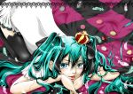  :p all_fours aqua_eyes aqua_hair crown feathers hair_ribbon hatsune_miku long_hair macaron pastry ribbon smile solo tongue twintails uico vocaloid world_is_mine_(vocaloid) 