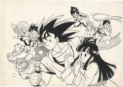  2girls 6+boys ^_^ arm_up armor baby baby_carrier babywearing bald bulma cape capsule_corp chi-chi_(dragon_ball) chinese_clothes clenched_hand closed_eyes closed_mouth dragon dragon_ball dragon_ball_(object) dragon_ball_z dress eastern_dragon facial_mark floating floating_object forehead_mark furusawa_jun'ya hand_on_another's_back hands_up happy holding holding_rattle index_finger_raised jacket kuririn long_hair looking_at_another looking_back looking_to_the_side monochrome multiple_boys multiple_girls muscular muscular_male namekian official_artist_extra open_mouth piccolo pointing pointy_ears qipao rattle riding_dragon saiyan_armor sash scar scar_across_eye scar_on_face shirt shoes short_hair simple_background smile son_gohan son_goku spiky_hair third-party_source toriyama_akira_(style) traditional_media trunks_(dragon_ball) trunks_(future)_(dragon_ball) turban vegeta white_background wristband yamcha 