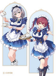  1girl :d apron black_bow black_socks blowing_kiss blue_bow blue_bowtie blue_skirt blue_sleeves bow bowtie breasts brooch center_frills commentary_request cup double-parted_bangs earrings framed_breasts frilled_apron frilled_skirt frilled_socks frilled_thigh_strap frilled_wrist_cuffs frills full_body green_eyes grey_hair hair_bow hair_ribbon holding holding_cup holding_tray hololive houshou_marine jewelry kneehighs large_breasts layered_skirt long_hair looking_at_viewer maid maid_headdress medium_hair moya_(toatomoot) official_alternate_costume official_art one_eye_closed open_mouth puffy_short_sleeves puffy_sleeves red_hair ribbon shirogane_noel shirt short_sleeves skirt smile socks solo teacup teapot teeth thigh_strap tray twintails upper_teeth_only virtual_youtuber waist_apron wavy_hair white_apron white_shirt white_socks wrist_cuffs yellow_eyes 