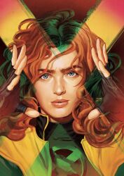  1girl black_gloves black_shirt blue_eyes fingerless_gloves gloves highres jacket jean_grey long_hair looking_at_viewer marvel red_hair shirt uzuri_art x-men yellow_jacket 