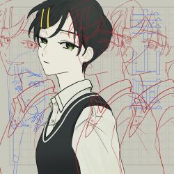  1girl :o :| absurdres aged_down black_hair black_sweater_vest blush breasts character_name closed_mouth collared_shirt commentary_request dress_shirt futsuu_no_keion-bu green_eyes grid_background hair_ornament hairclip highres kouyama_rin lineart long_hair multiple_views parallel_hairclips pixie_cut qrioic74 shirt short_hair small_breasts smug sweater_vest upper_body white_shirt wing_collar 
